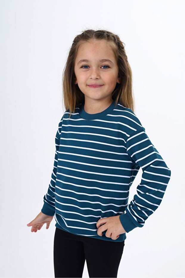 Petrol Blue Girls' Regular Fit Crew Neck Drop Shoulder Striped Sweatshirt - 2 Thread