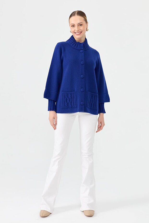 Women's Mock Neck Quarter Sleeve Short Wool Coat Dark Blue