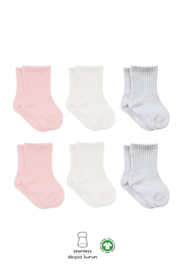6 Pairs of Organic Cotton Baby Socks Stitch-Free Combed Cotton Socks for Girls and Boys (Pink Ecru Grey)