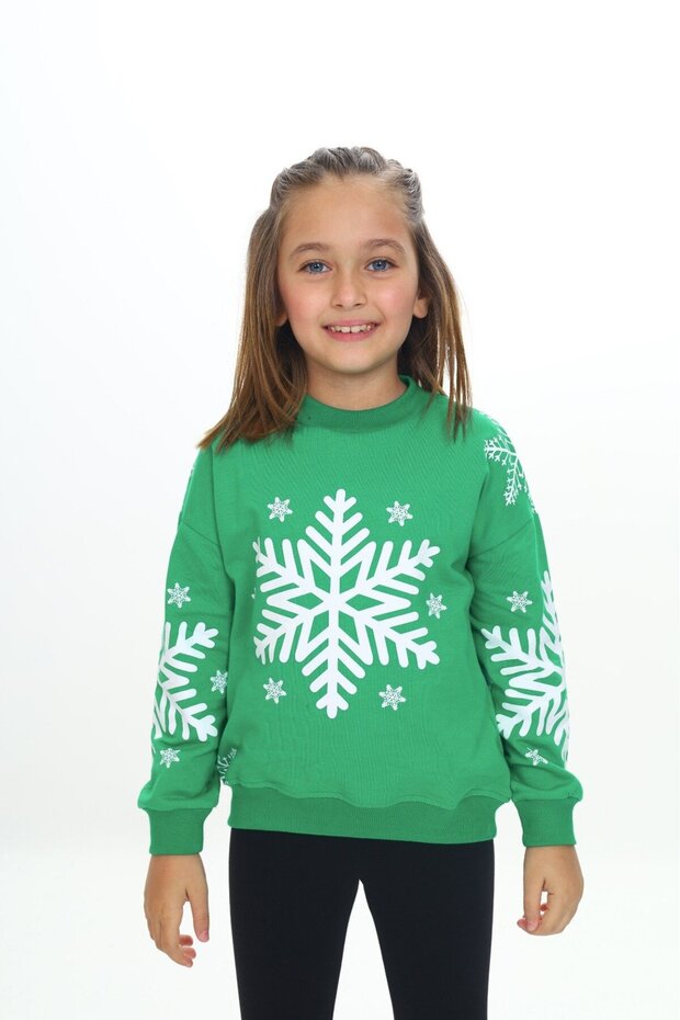Grass Green Girls' Relax Fit Crew Neck Drop Shoulder Printed Sweatshirt - 2 Thread