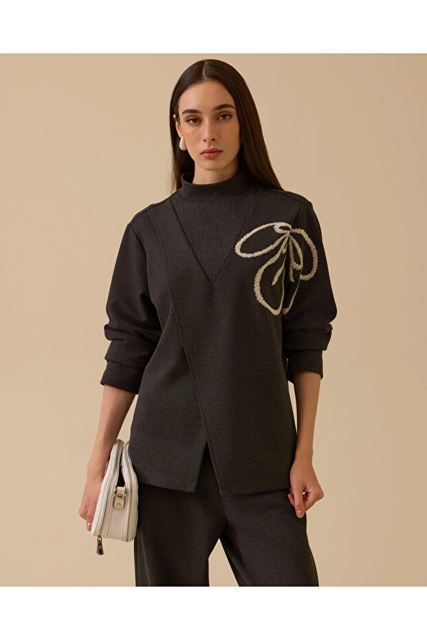 Nakışlı Örme Sweatshirt - 1