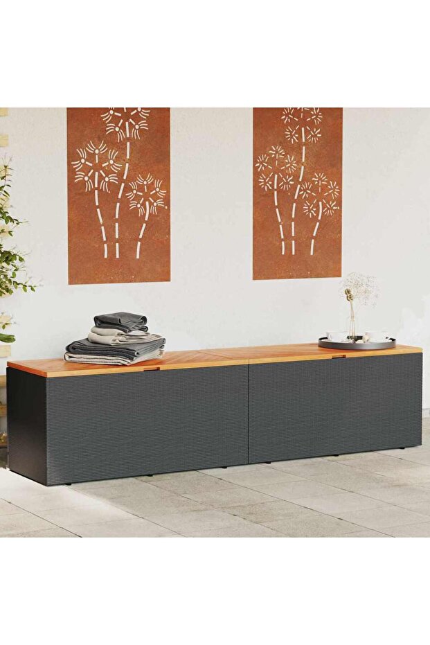 Garden Storage Box Black 220x50x54 cm Poly Rattan Acacia Wood