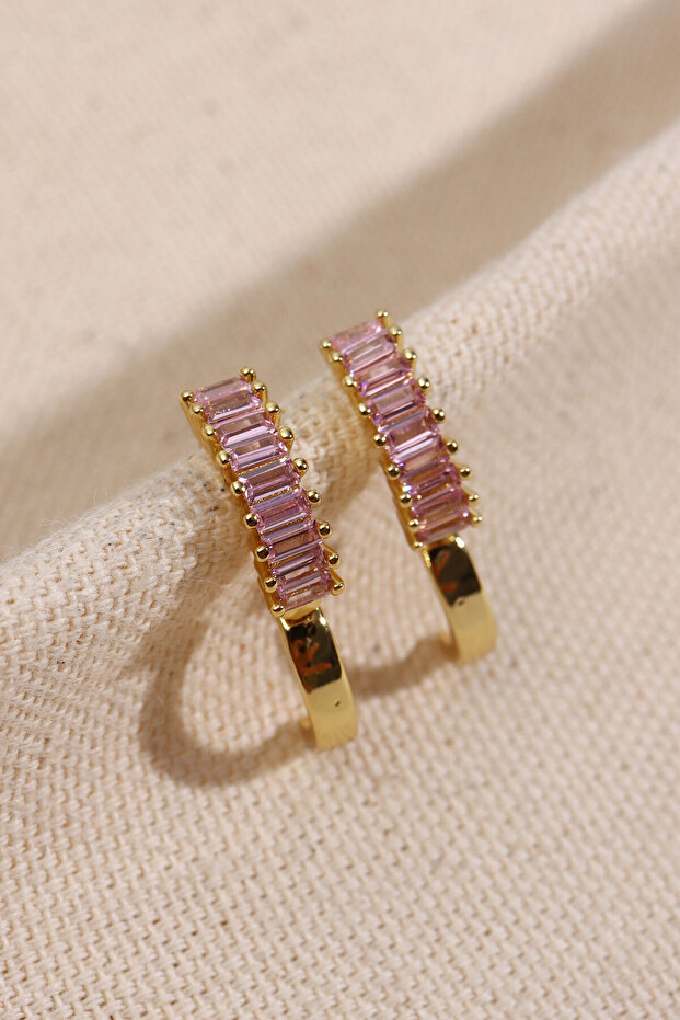 Pink Baguette Stone Gold Hoop Color Earrings
