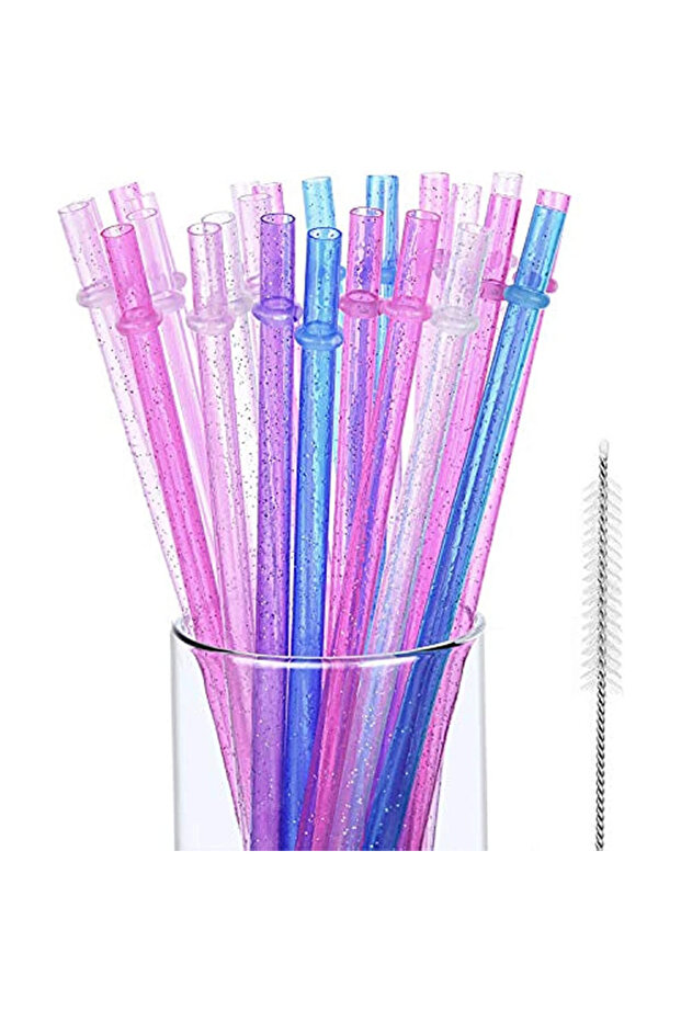 Glitter 20 Pcs Reusable Plastic Straws Glitter Drinking Straws Clear Sparkle Straw with Cleaning Bru