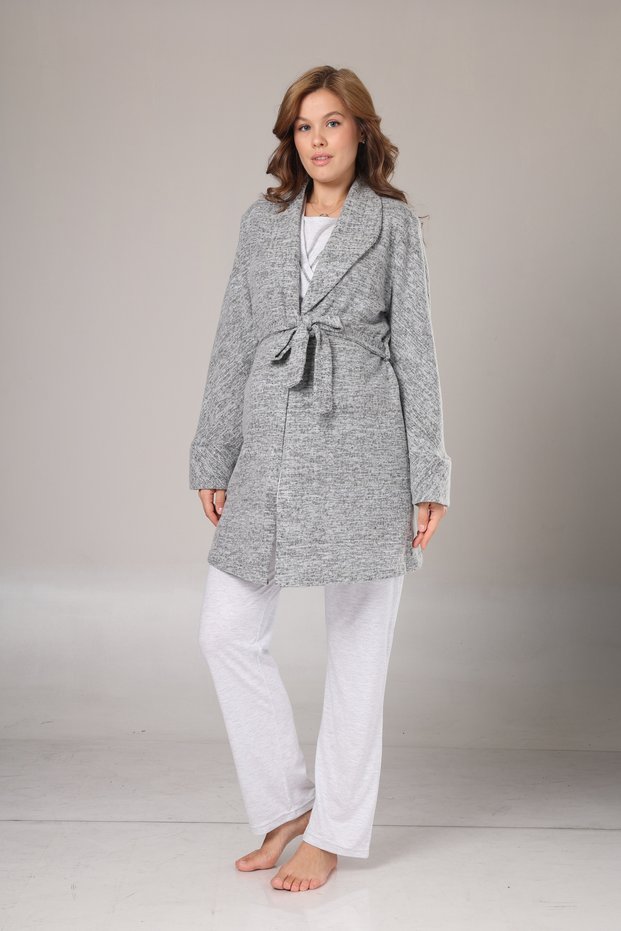 Women's Gray Jacquard Shawl Collar Winter Double-Breasted Cotton Maternity Pajamas Set with Dressing Gown 3-Piece Pajama Set