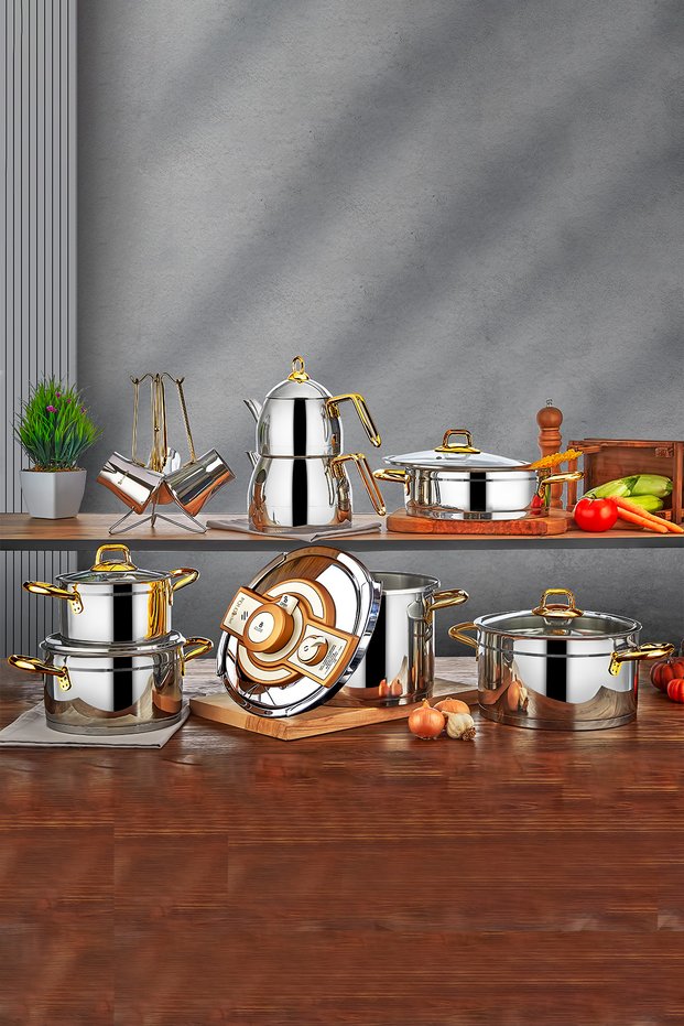 Ambiance 18-Piece Pressure Cooker, Deep Pot, Stew Pot, Teapot Cookware and Dowry Set 18/10 Stainless Steel Gold