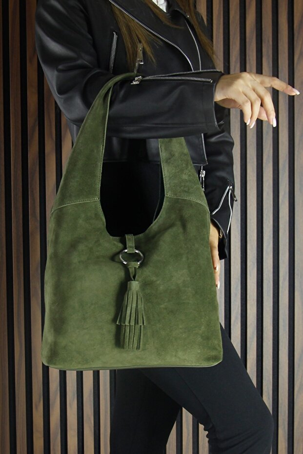 Khaki Genuine Cowhide Suede Tasseled Magnetic Closure Medium Size Daily Shoulder Bag