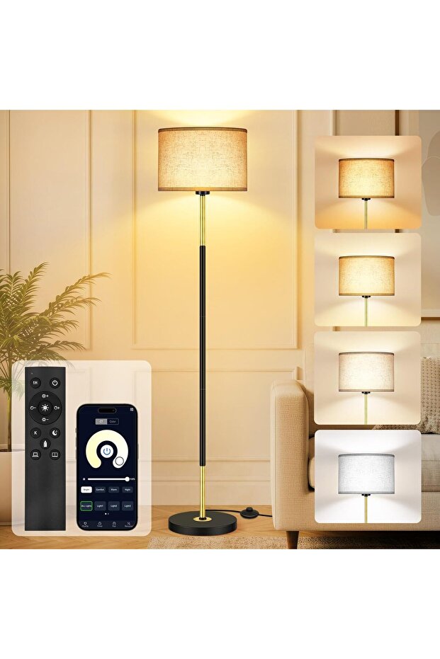 Modern Floor Lamp with Remote & App Control, Dimmable, 3000K-6500K (Black & Gold)