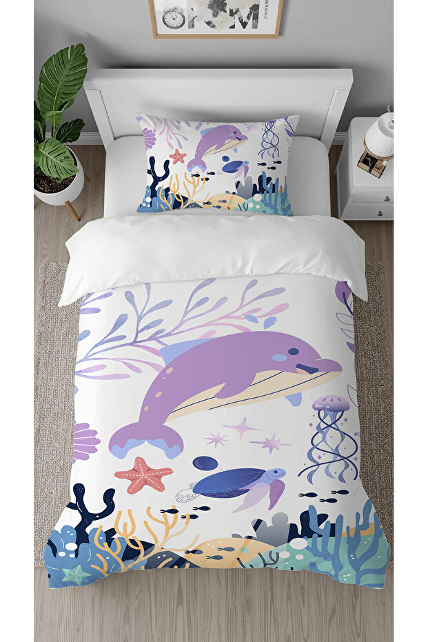 Starfish Ocean Dolphin Patterned Digital Printed Special Design Stylish Children's Duvet Cover Set Without Sheets