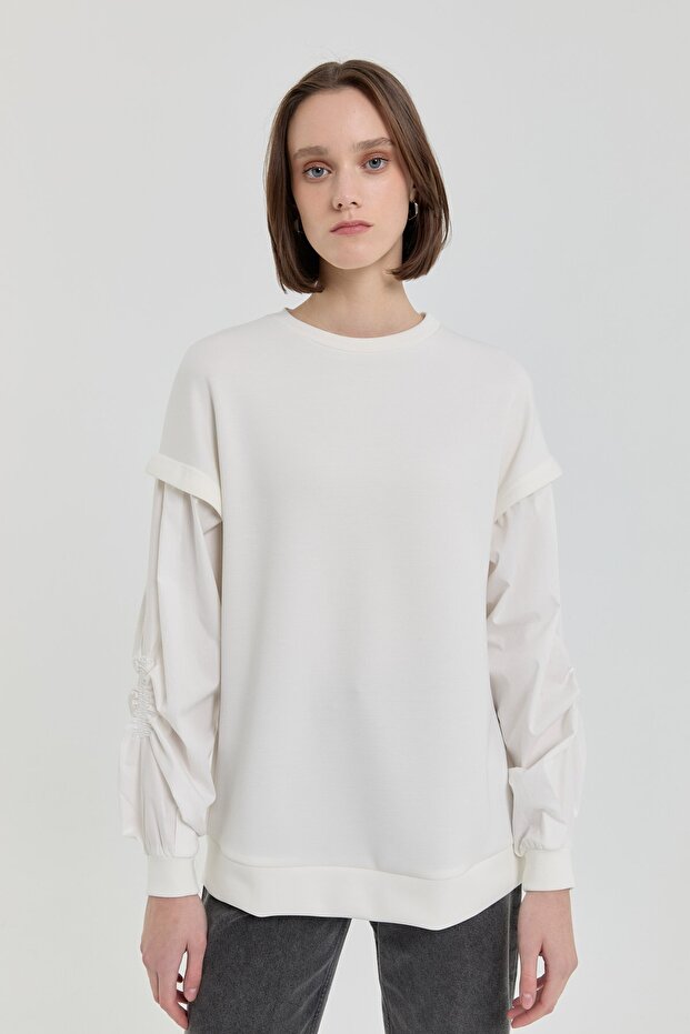Kolları Poplin Örme Sweat Ekru - 3