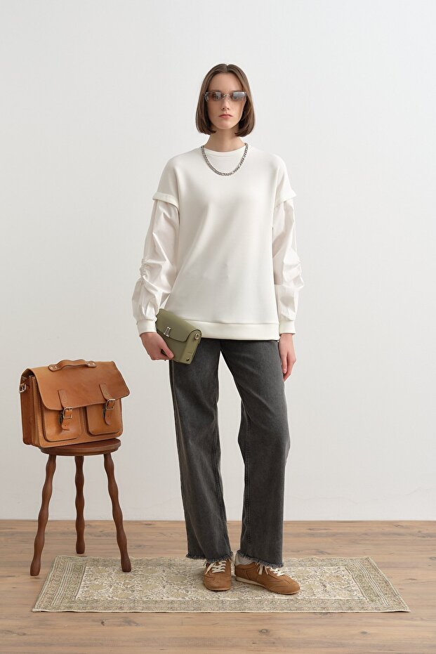 Kolları Poplin Örme Sweat Ekru - 1