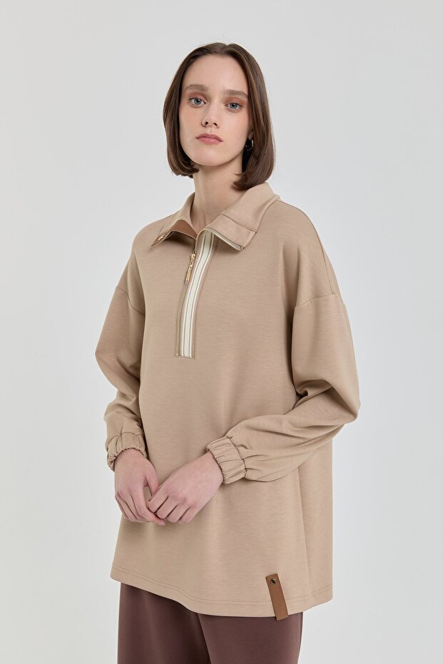 Şeritli Devrik yaka Örme Sweat Camel - 2