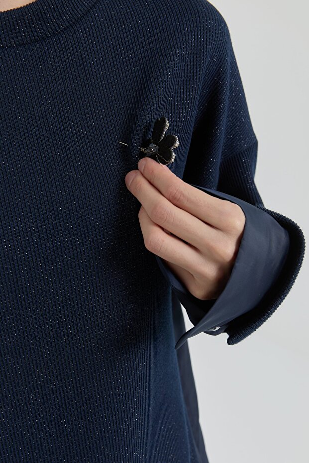 Broş Detaylı Simli Örme Tunik Lacivert - 3