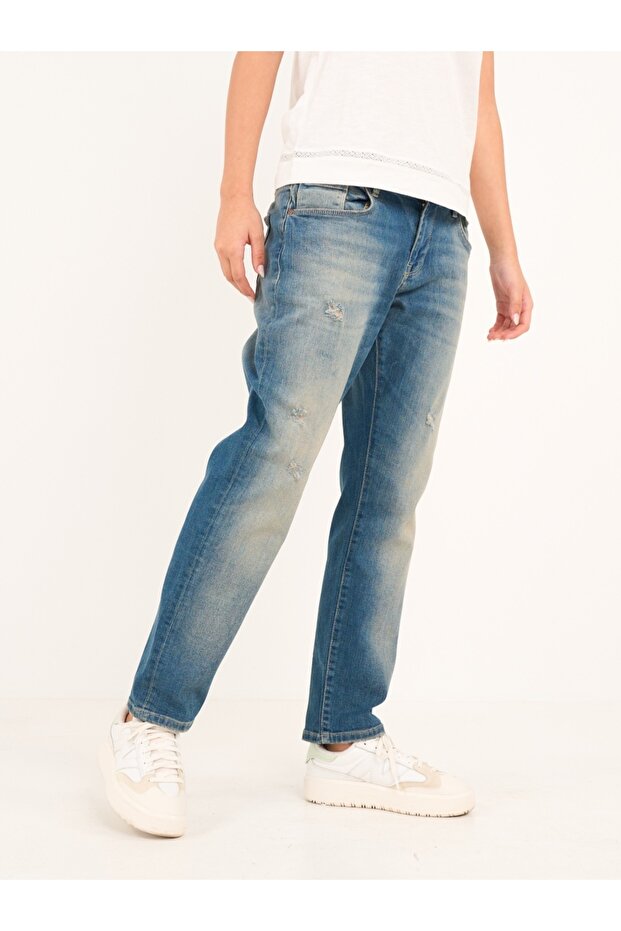 Blugi dama boyfriend cu aspect decolorat - 6