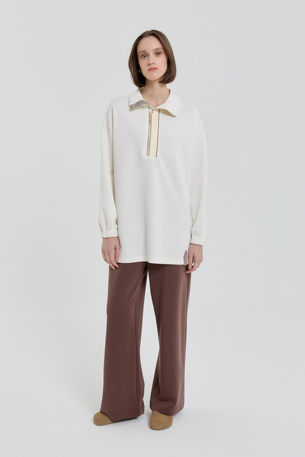 Şeritli Devrik yaka Örme Sweat Ekru - 1