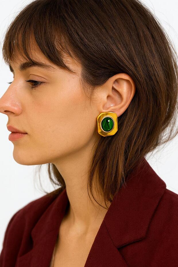 Gold Detailed Colorful Stone Square Steel Vintage Earrings
