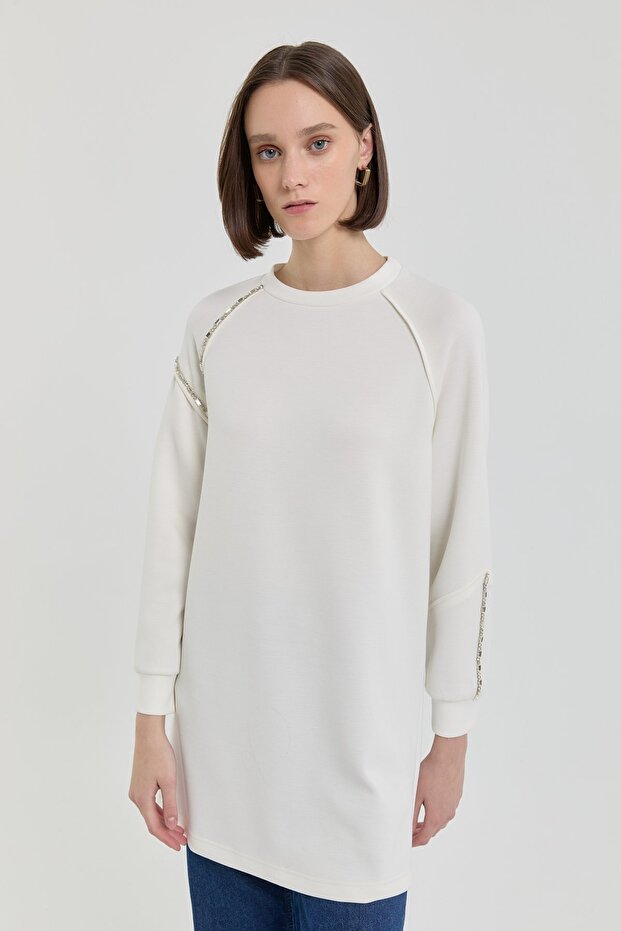 Taş Detaylı Örme Sweat Ekru - 3