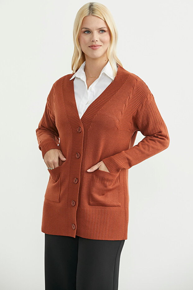 Oversize Cepli Triko Hırka - Kiremit - 2