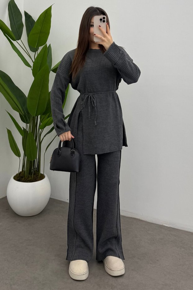 Women's Gray Waist Tied Button Detailed Corded Fabric Knitwear Sweater Trousers Two-Piece Set