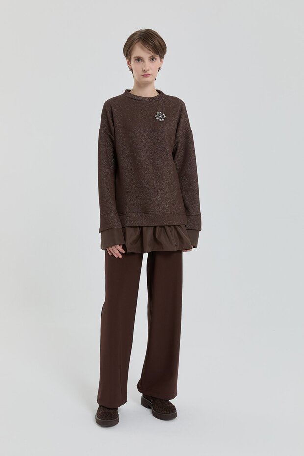 Broş Detaylı Simli Örme Tunik Kahve - 2