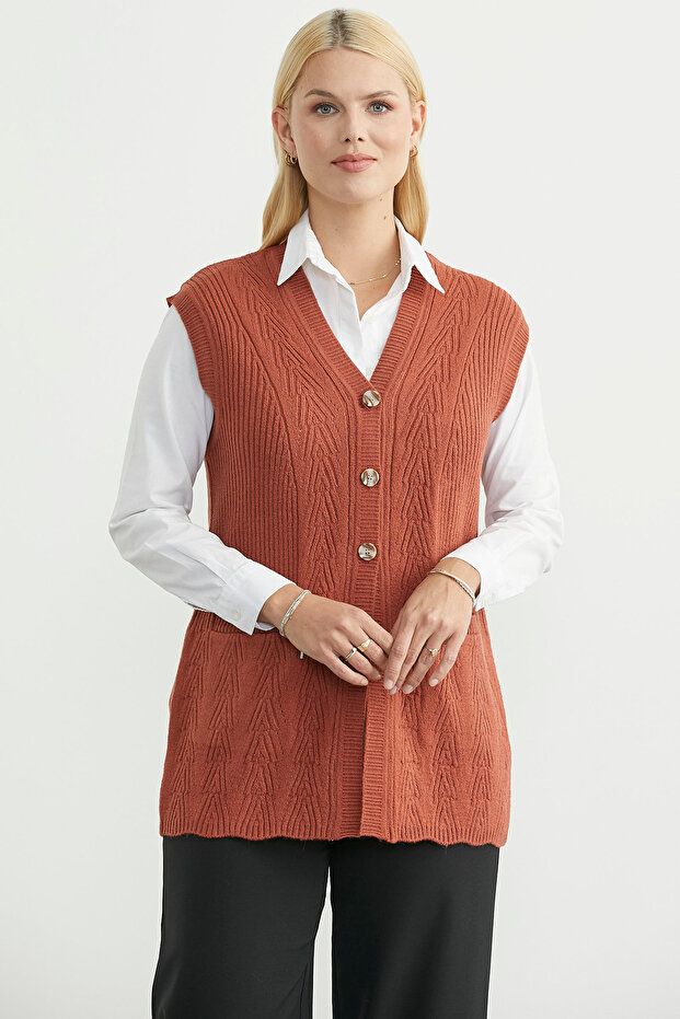 Cepli Düğmeli Triko Yelek - Taba - 1