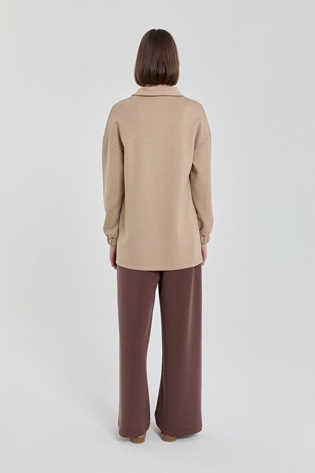 Şeritli Devrik yaka Örme Sweat Camel - 4