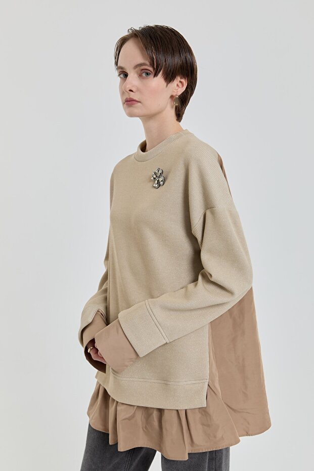 Broş Detaylı Simli Örme Tunik Bej - 2