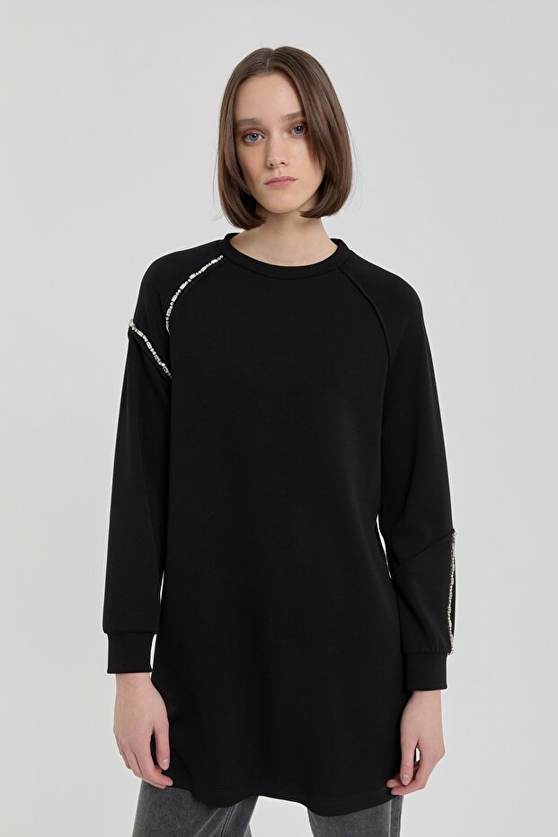 Taş Detaylı Örme Sweat Siyah - 1