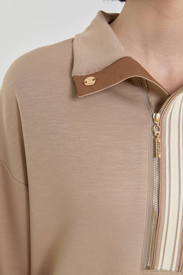 Şeritli Devrik yaka Örme Sweat Camel - 3