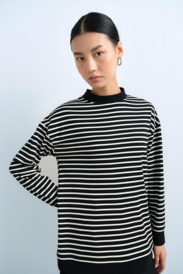 Çizgili Basic Sweat Siyah - 2