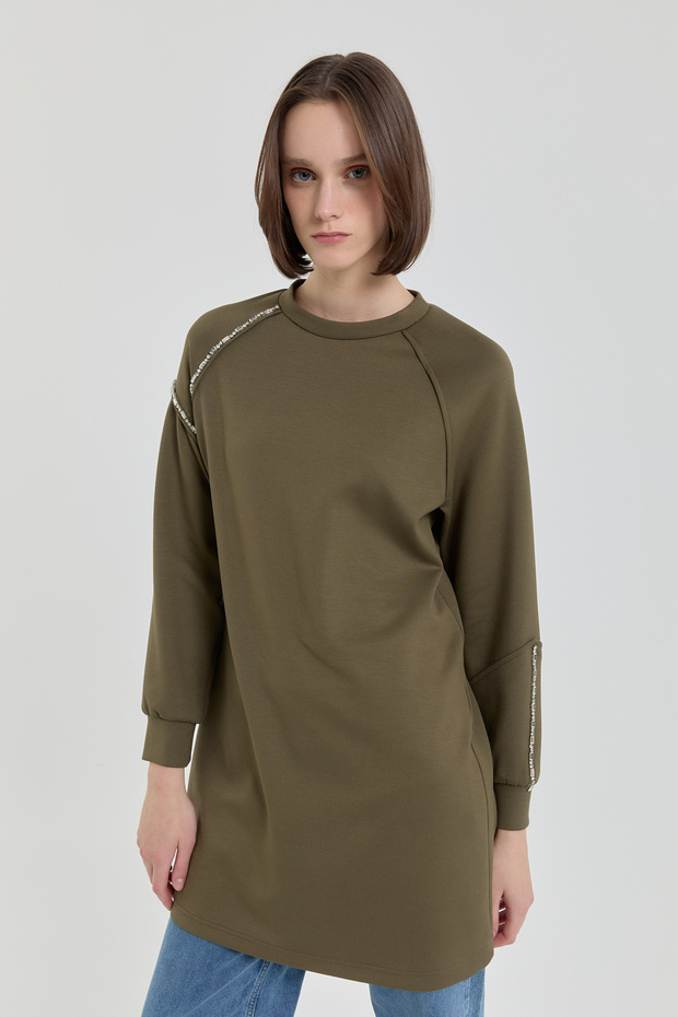 Taş Detaylı Örme Sweat Haki - 2