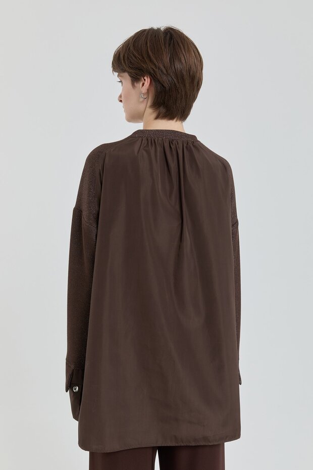 Broş Detaylı Simli Örme Tunik Kahve - 4