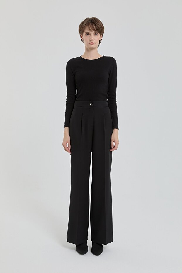 Single Pleat High Waist Palazzo Trousers Black