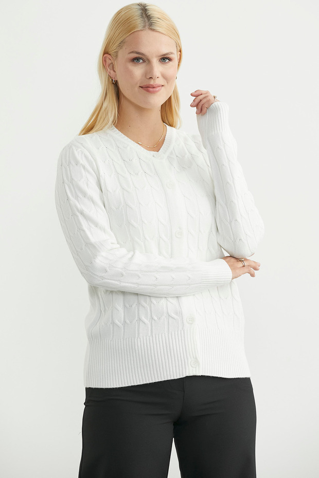 كارديجان تريكو بياقة دائرية وأزرار - لون عظمي - 1