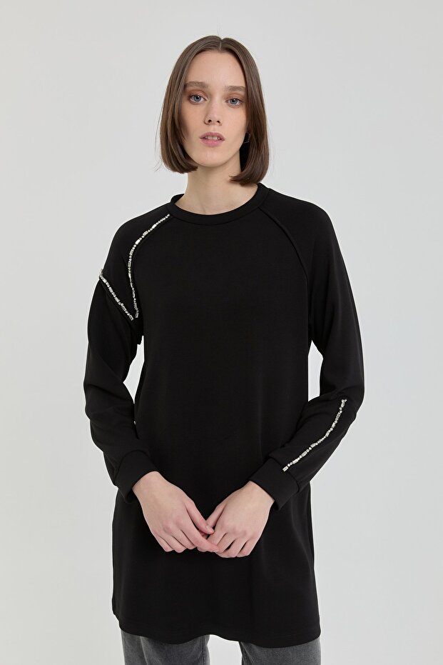 Taş Detaylı Örme Sweat Siyah - 2