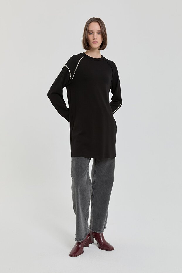 Taş Detaylı Örme Sweat Siyah - 3