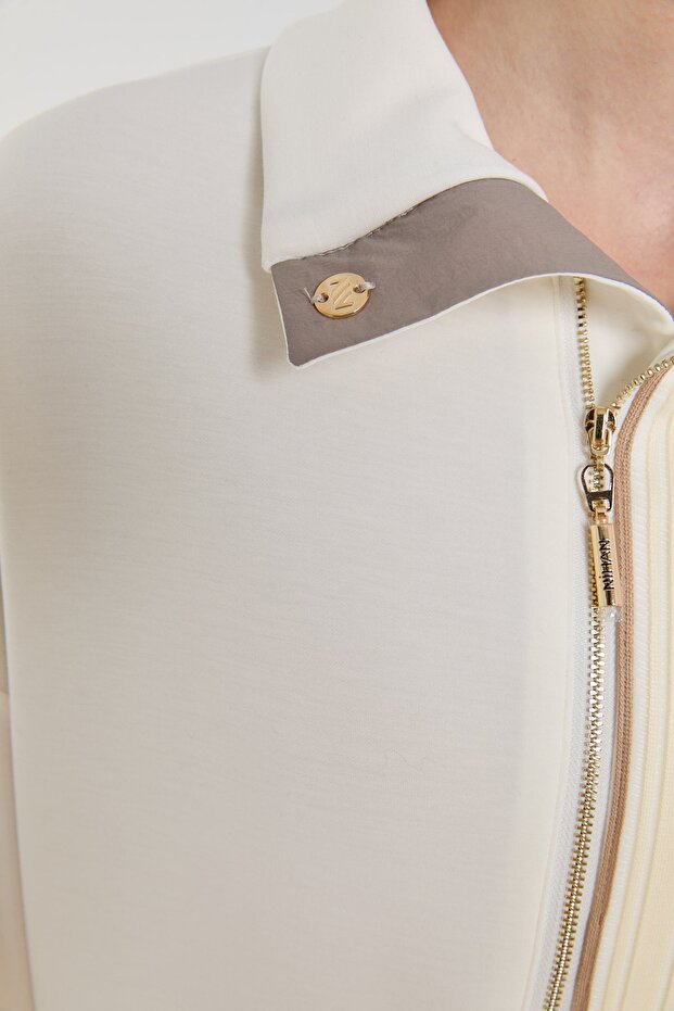 Şeritli Devrik yaka Örme Sweat Ekru - 3