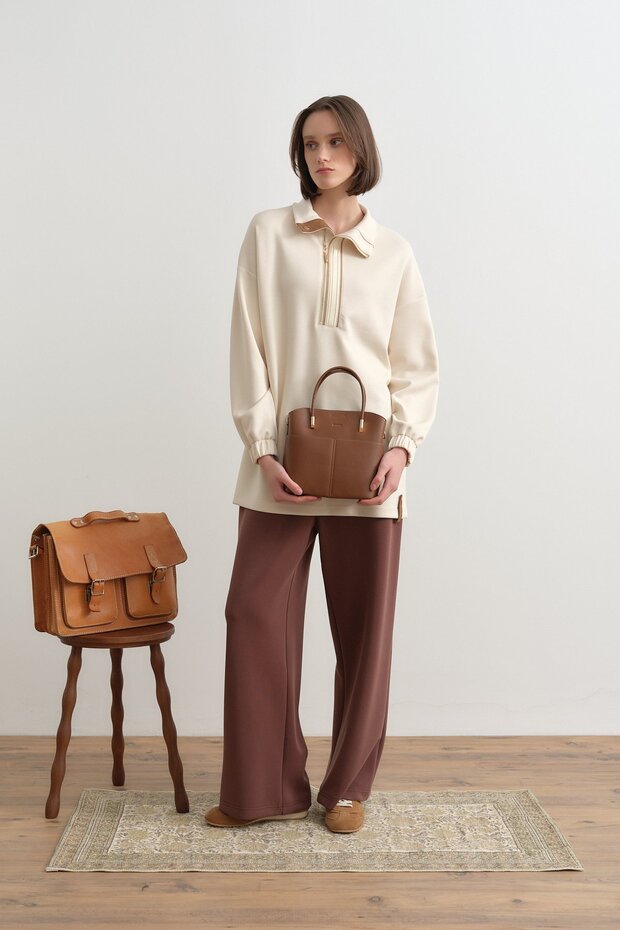 Şeritli Devrik yaka Örme Sweat Krem - 1