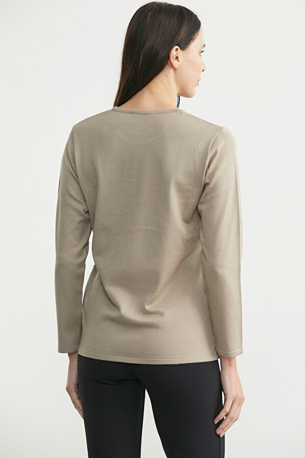 سترة تريكو طويلة بياقة مستديرة - بيج - 5