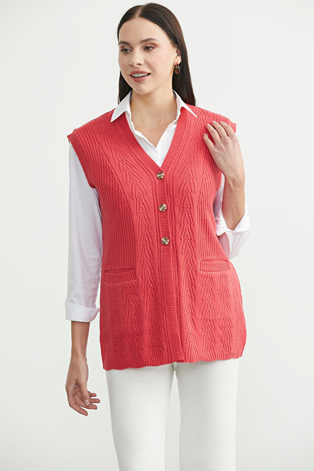 سترة تريكو بأزرار وجيوب - وردي - 4