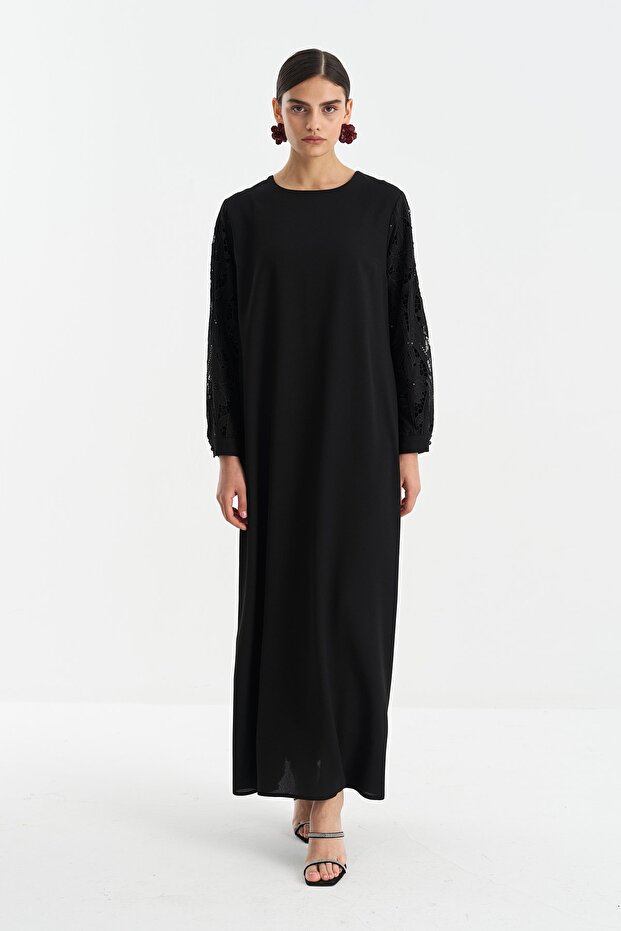 Lace Sleeves Comfortable Fit Dress Black