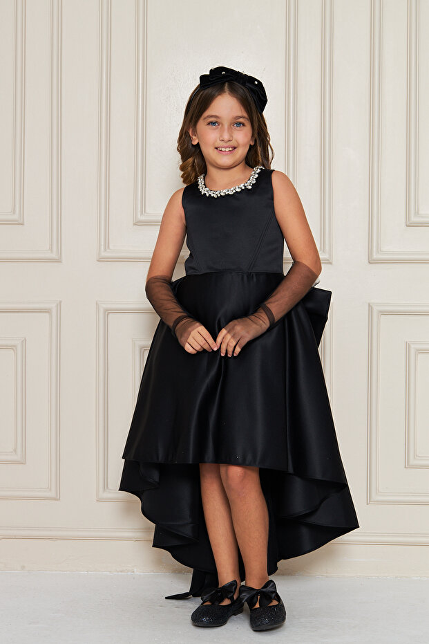 Black Short Front Glove Stone Girl Evening Dress