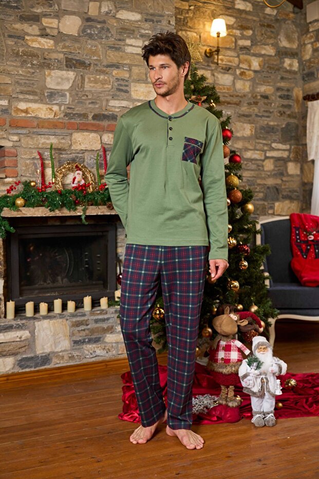 Long Sleeve Plaid Pattern Men's Pajama Set Cossybyaqua 26163 Green-Xl