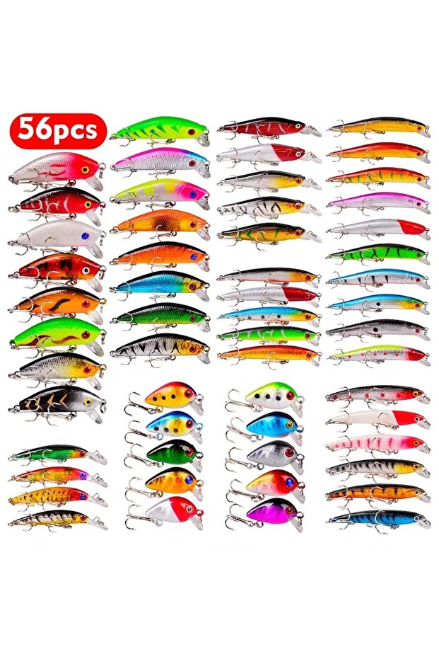 WHITE 56pcs/lot Almighty Mixed Fishing Lure Bait Set With Hooks, Wobbler Crankbaits Swimbait Minnow