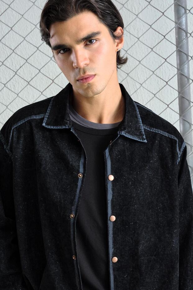 Effective Velvet Finish Denim Black Shirt