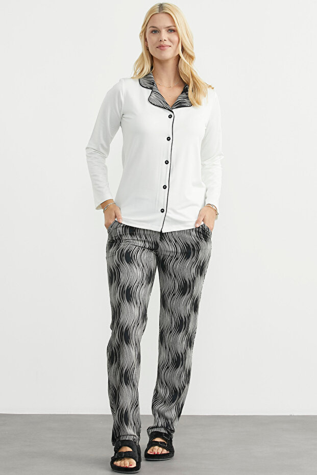 طقم بيجامة بأزرار وتصميم مميز - لون إكرو - 4