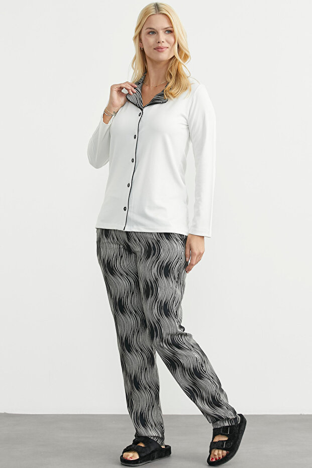 طقم بيجامة بأزرار وتصميم مميز - لون إكرو - 5