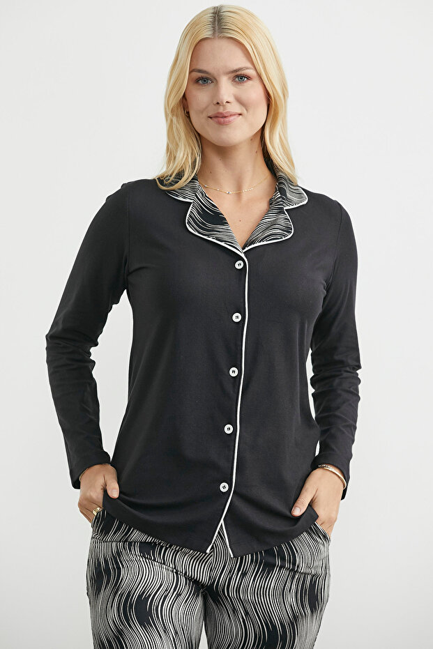 Patterned Buttoned Pajama Set - Black - 2