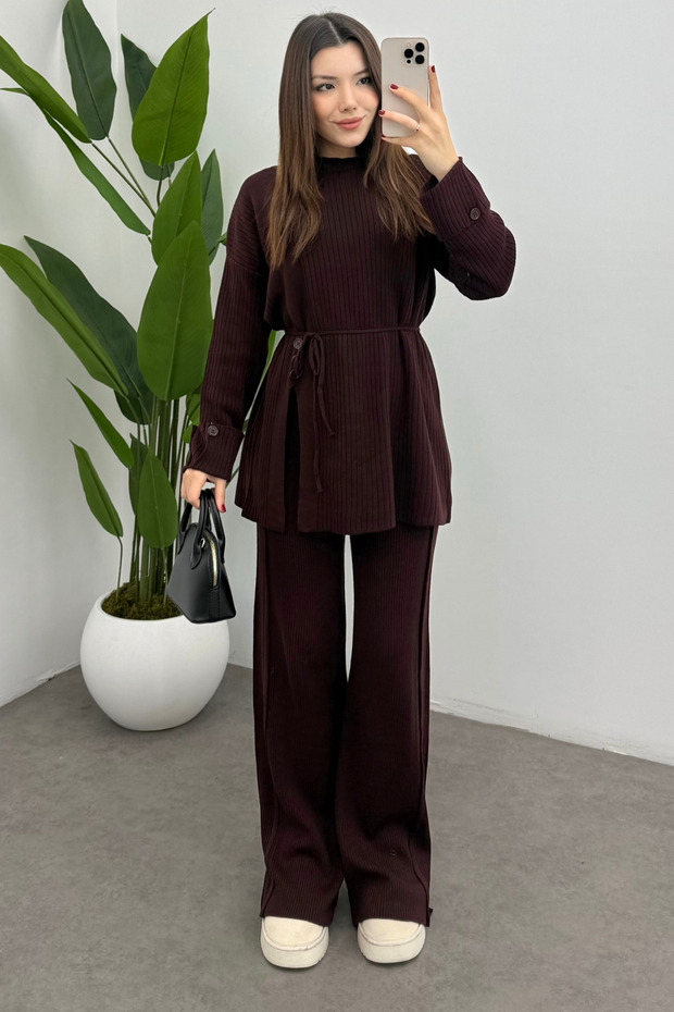 Women's Burgundy Waist-Tied Button Detailed Corded Fabric Knitwear Sweater Trousers Two-Piece Set