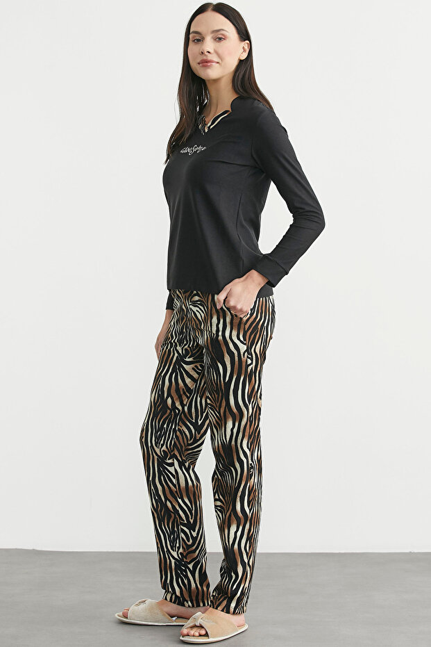 طقم بيجامة بطبعة الفهد - أسود - 5